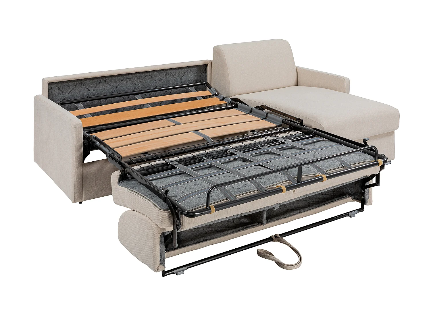 Canapé d'angle convertible express et réversible en tissu texturé beige avec assise mémoire de forme - Couchage à lattes larges 160 cm - Matelas 22 cm à mémoire de forme - CALIFE