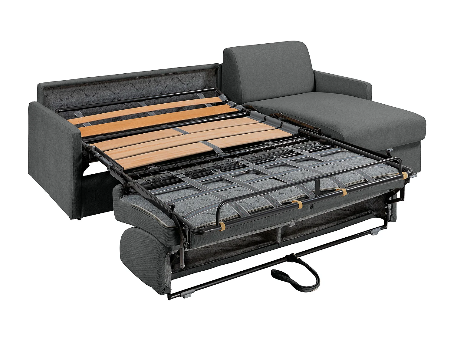 Canapé d'angle convertible express et réversible en tissu texturé gris avec assise mémoire de forme - Couchage à lattes larges 140 cm - Matelas 18 cm - CALIFE