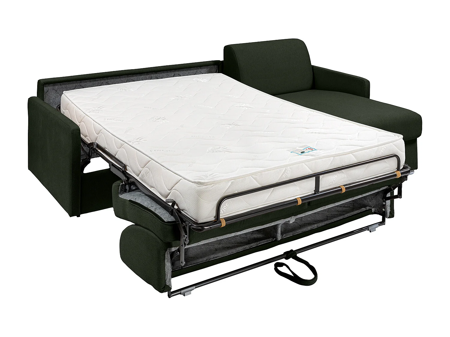 Canapé d'angle convertible express et réversible en tissu texturé vert sapin avec assise mémoire de forme - Couchage 140 cm - Matelas 18 cm - CALIFE