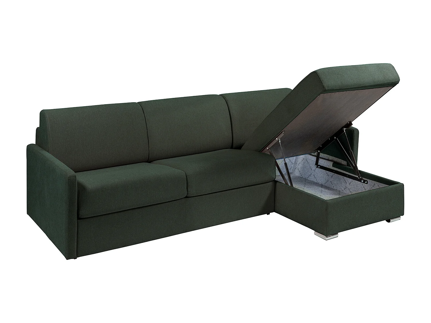 Canapé d'angle convertible express et réversible en tissu texturé vert sapin avec assise mémoire de forme - Couchage à lattes larges 140 cm - Matelas 14 cm - CALIFE