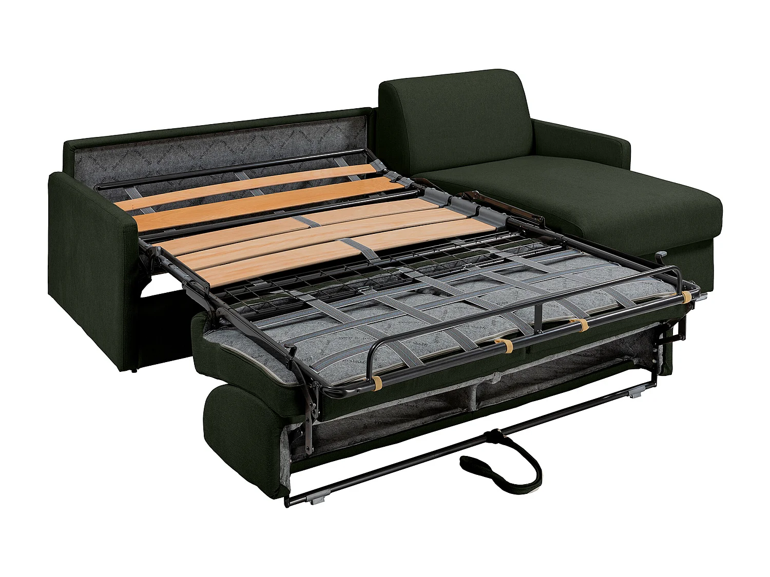Canapé d'angle convertible express et réversible en tissu texturé vert sapin avec assise mémoire de forme - Couchage à lattes larges 140 cm - Matelas 14 cm - CALIFE