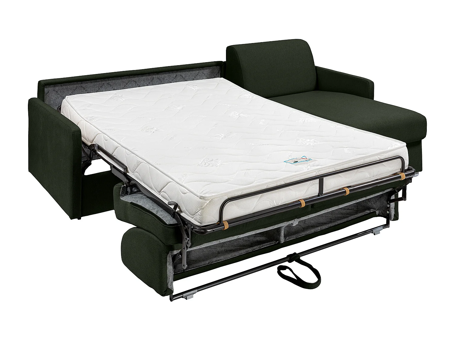 Canapé d'angle convertible express et réversible en tissu texturé vert sapin avec assise mémoire de forme - Couchage à lattes larges 140 cm - Matelas 14 cm - CALIFE