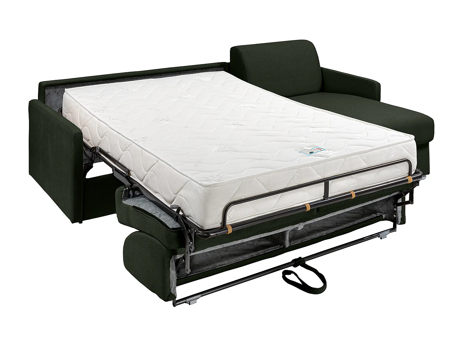 Canapé d'angle convertible express et réversible en tissu texturé vert sapin avec assise mémoire de forme - Couchage à lattes larges 140 cm - Matelas 22 cm à mémoire de forme - CALIFE