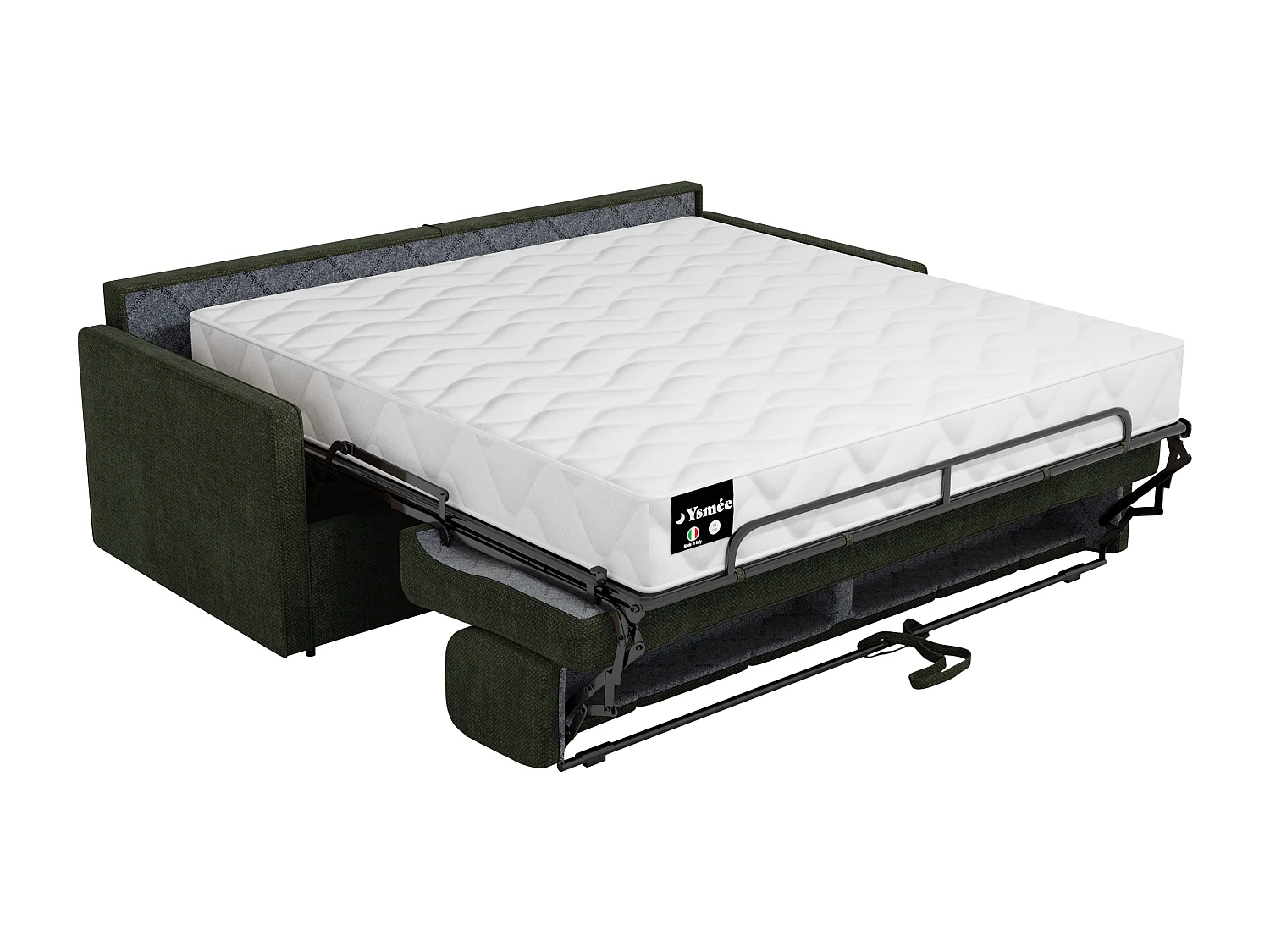 Canapé 3 places convertible express en tissu vert sapin avec assise mémoire de forme - Couchage à lattes larges 140 cm - Matelas 22 cm à mémoire de forme CALIFE