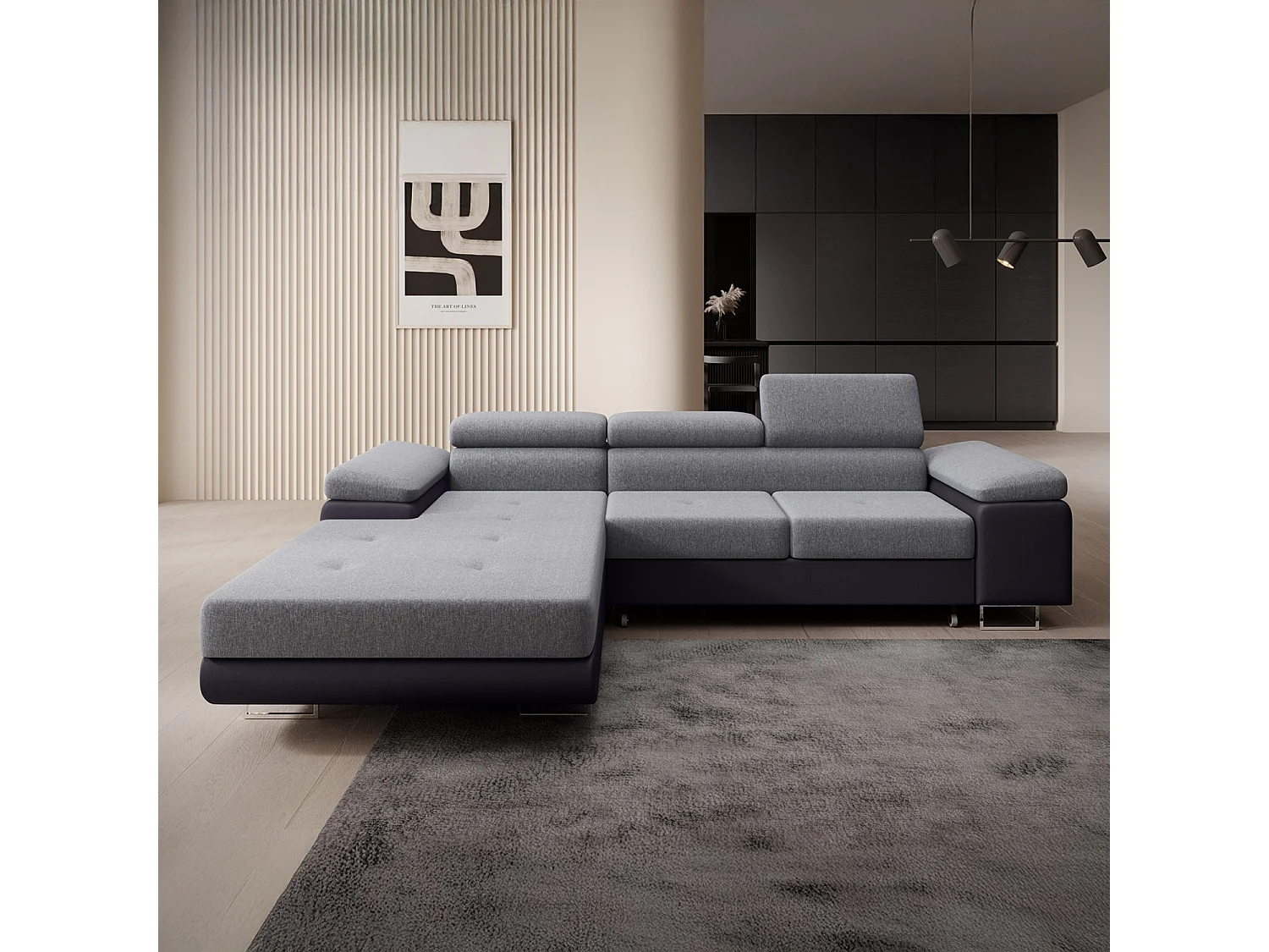 Canapé d'angle gauche convertible Alphonso Gris et Noir