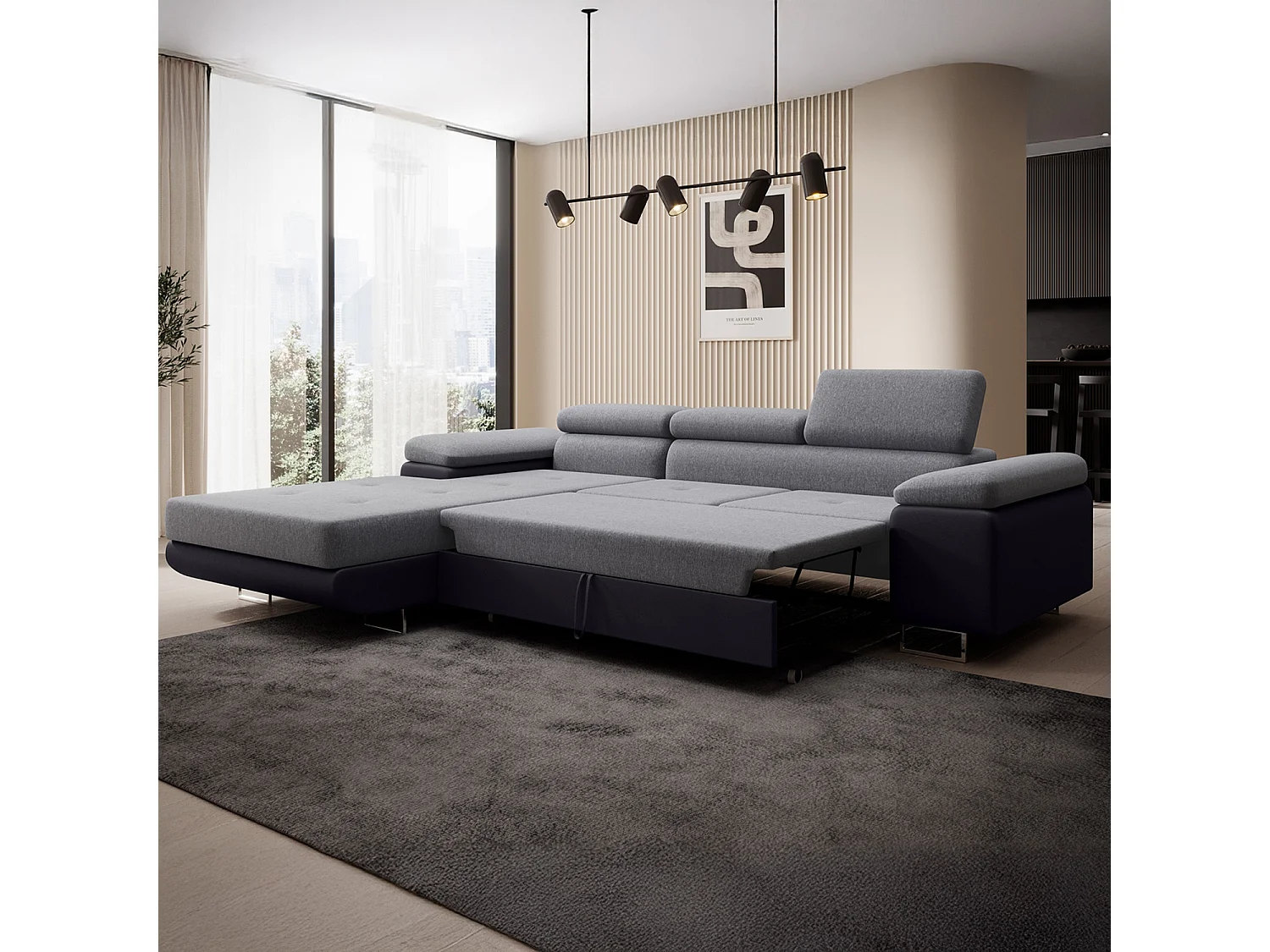 Canapé d'angle gauche convertible Alphonso Gris et Noir