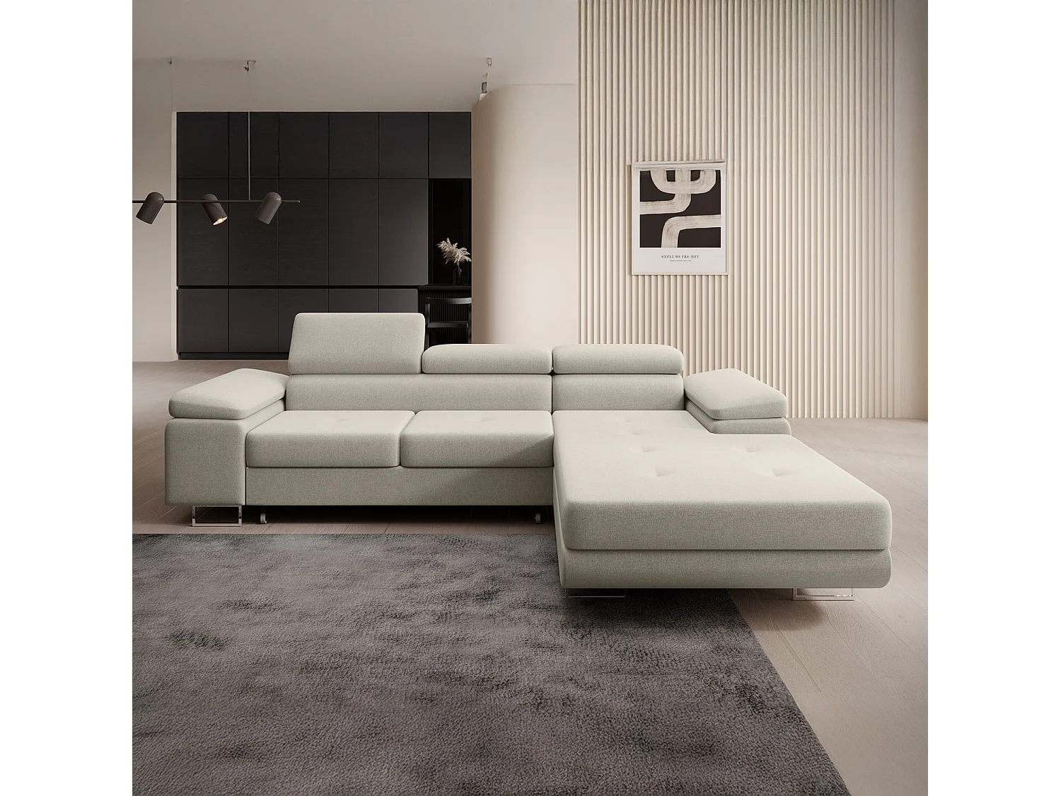Canapé d'angle droit convertible Alphonso tissu Beige