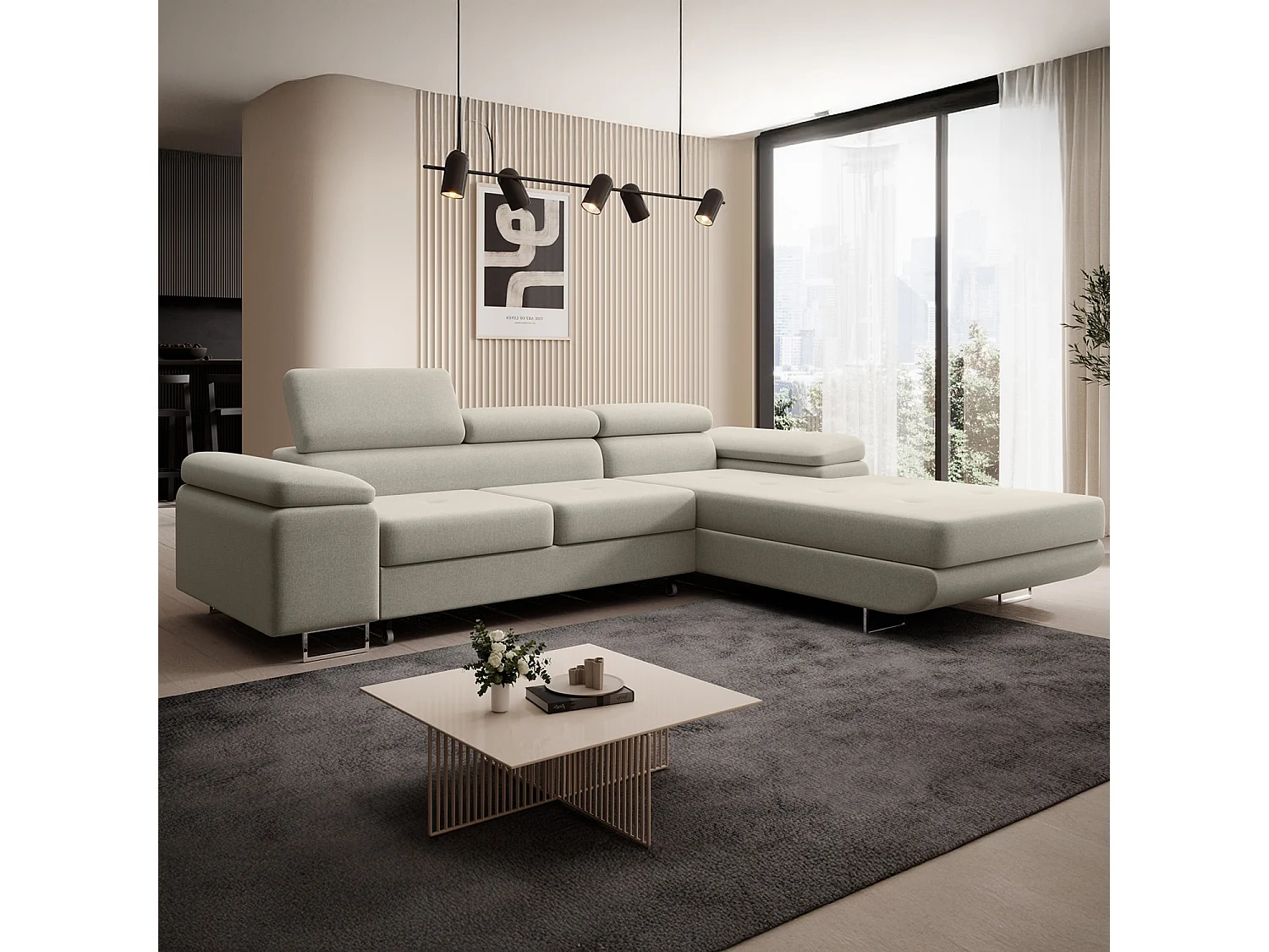 Canapé d'angle droit convertible Alphonso tissu Beige