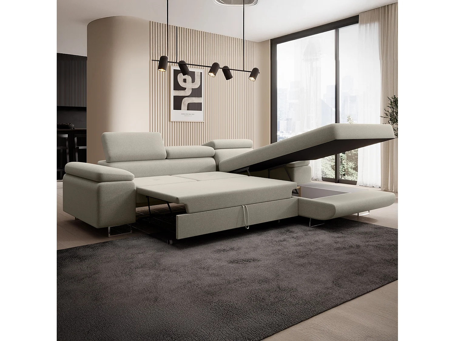Canapé d'angle droit convertible Alphonso tissu Beige