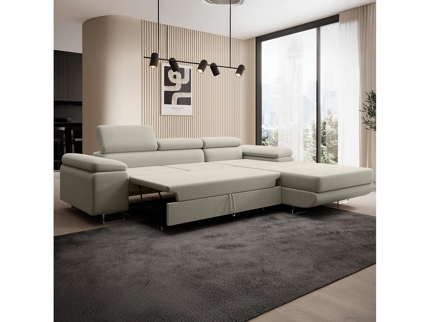 Canapé d'angle droit convertible Alphonso tissu Beige