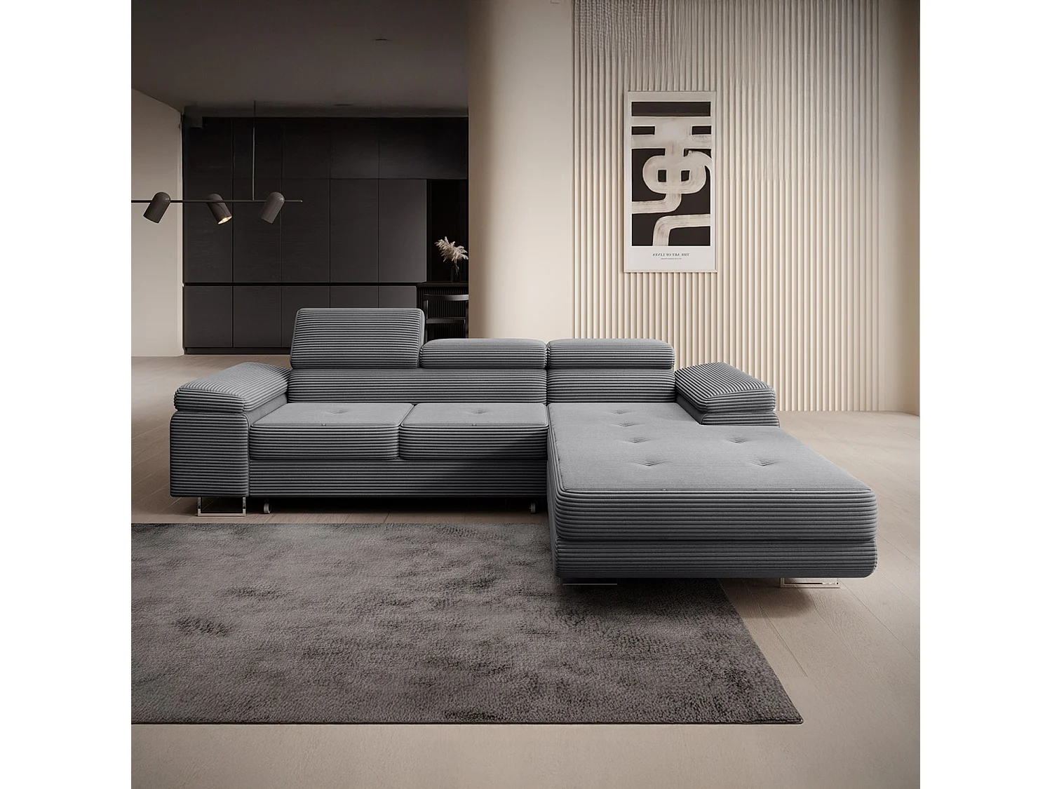 Canapé d'angle droit convertible Alphonso velours côtelé Gris foncé