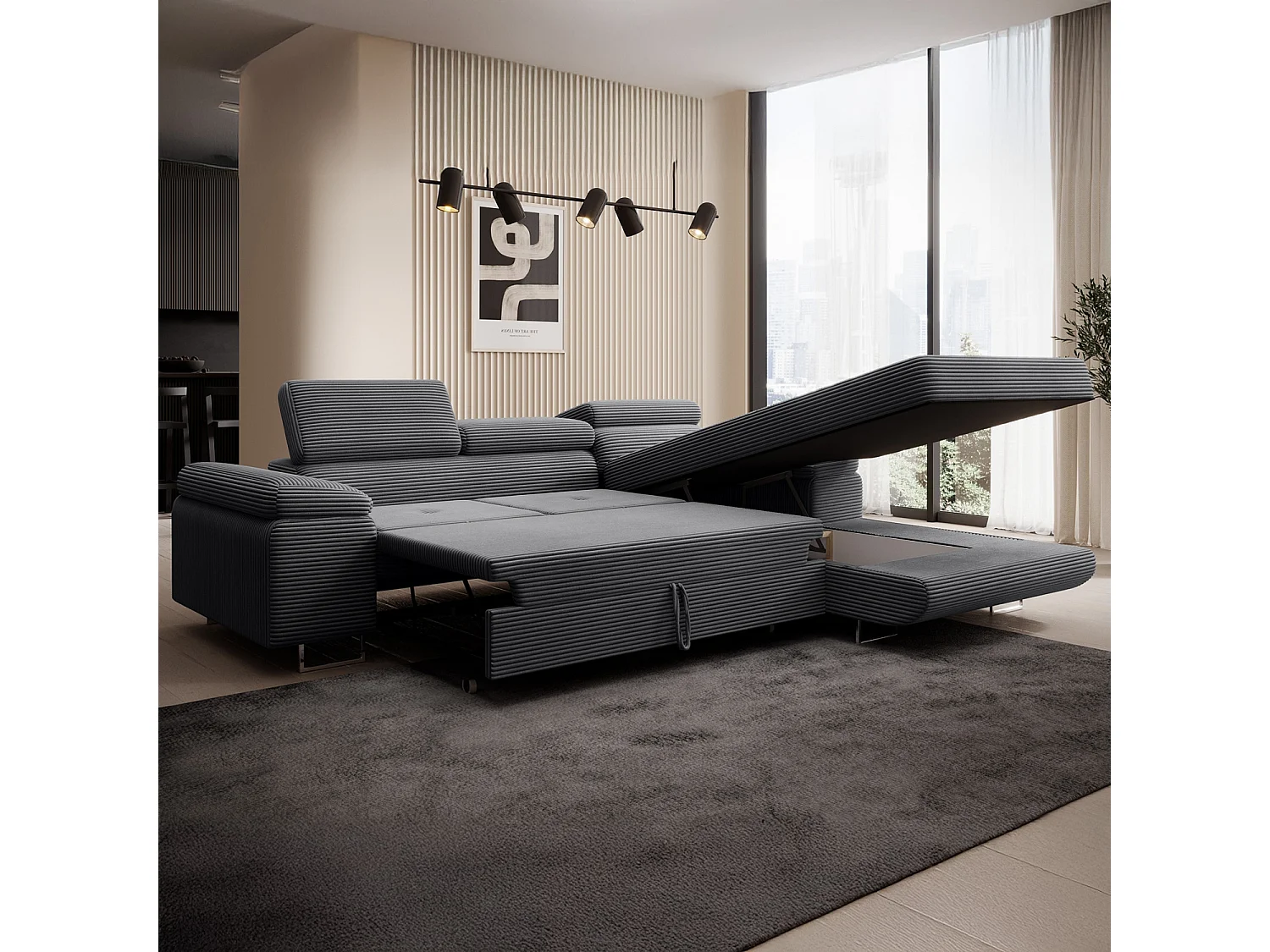 Canapé d'angle droit convertible Alphonso velours côtelé Gris foncé