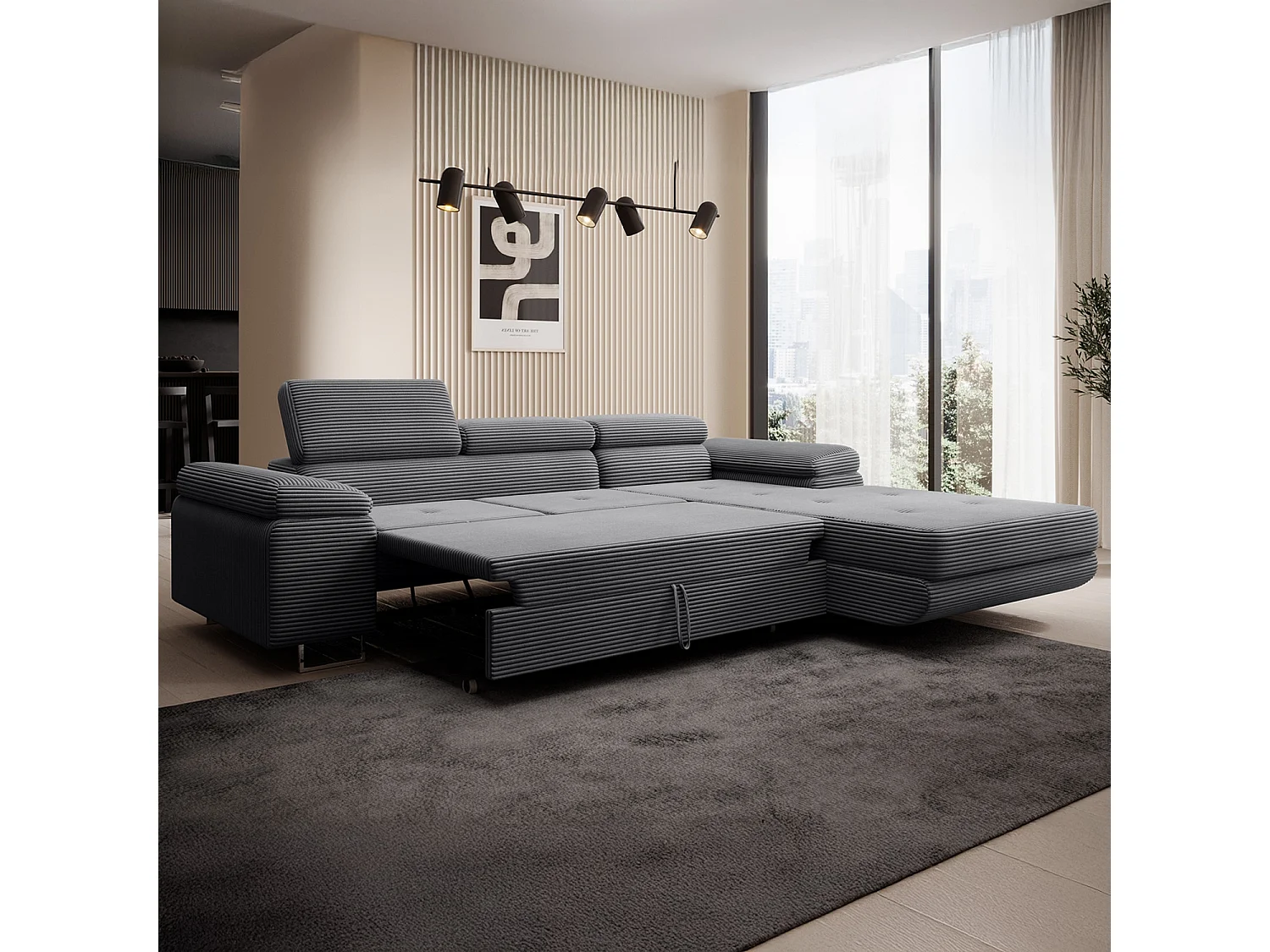 Canapé d'angle droit convertible Alphonso velours côtelé Gris foncé