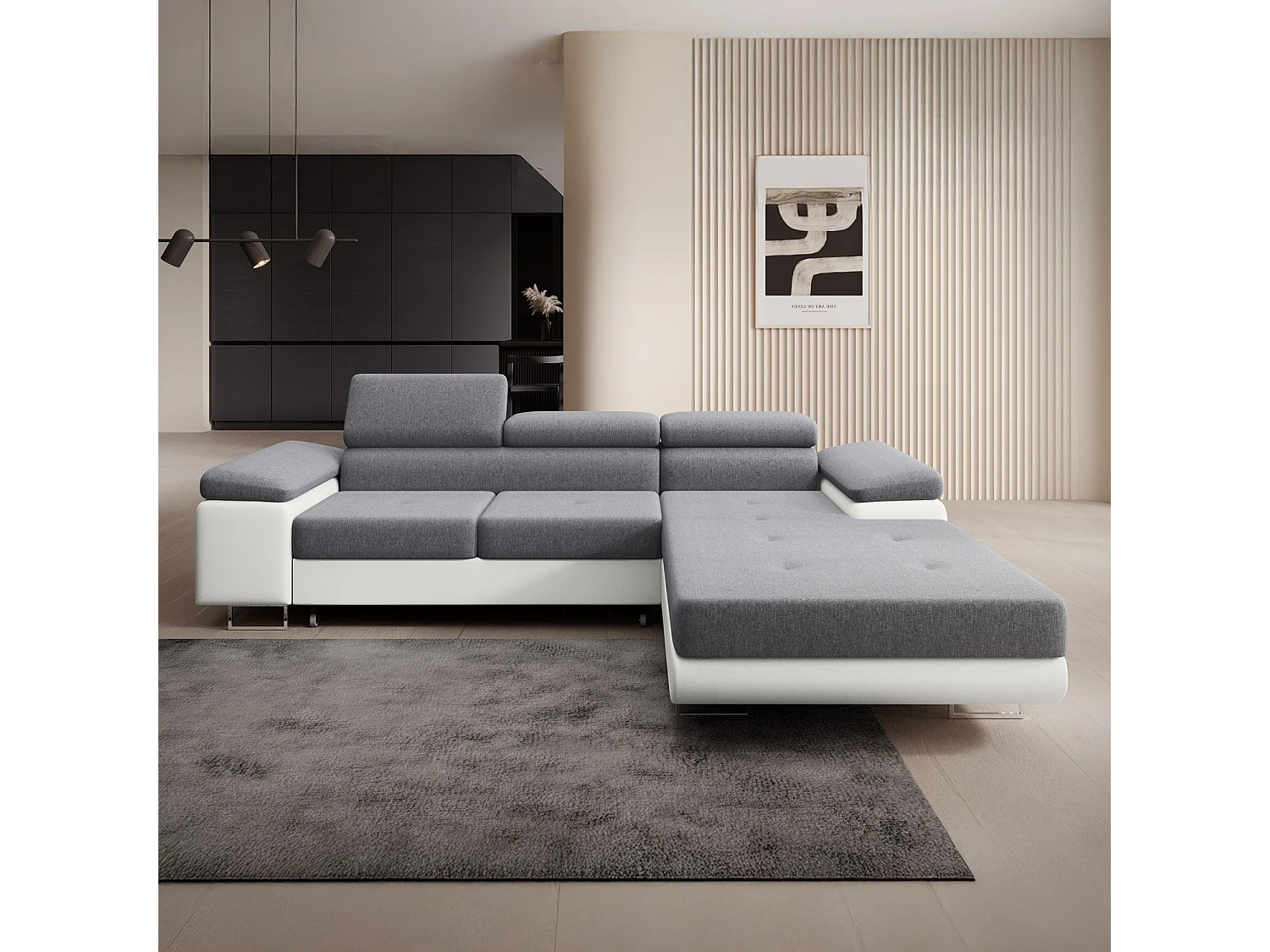 Canapé d'angle droit convertible Alphonso Gris et Blanc