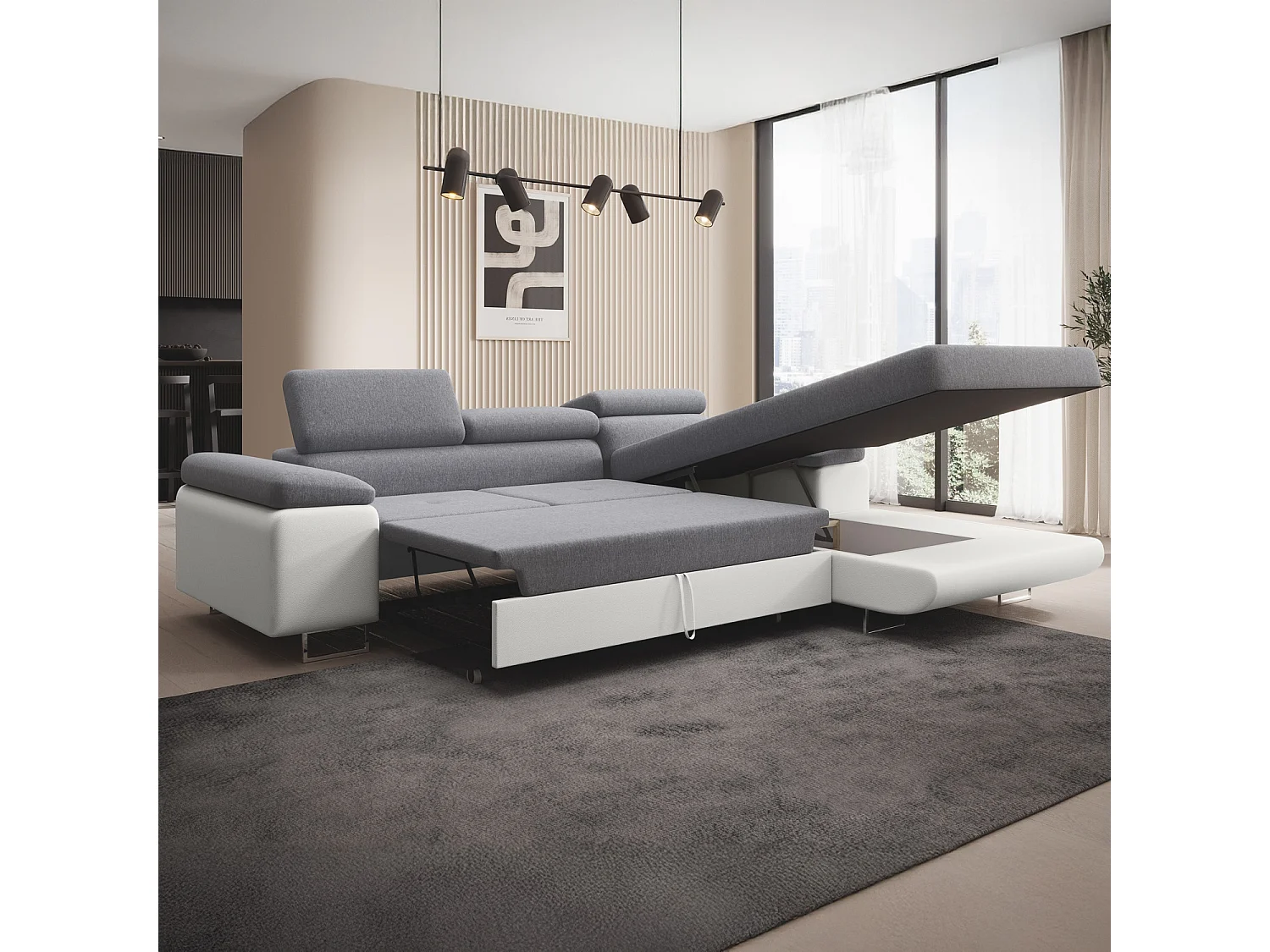 Canapé d'angle droit convertible Alphonso Gris et Blanc