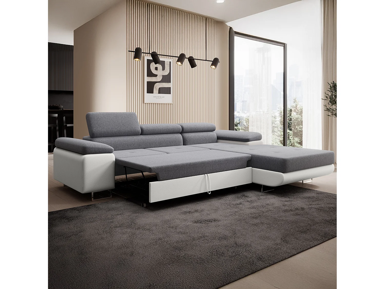 Canapé d'angle droit convertible Alphonso Gris et Blanc