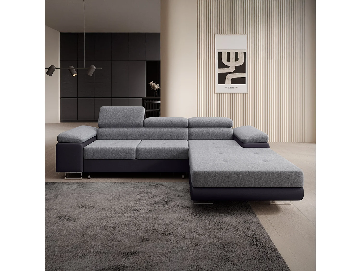 Canapé d'angle droit convertible Alphonso Gris et Noir