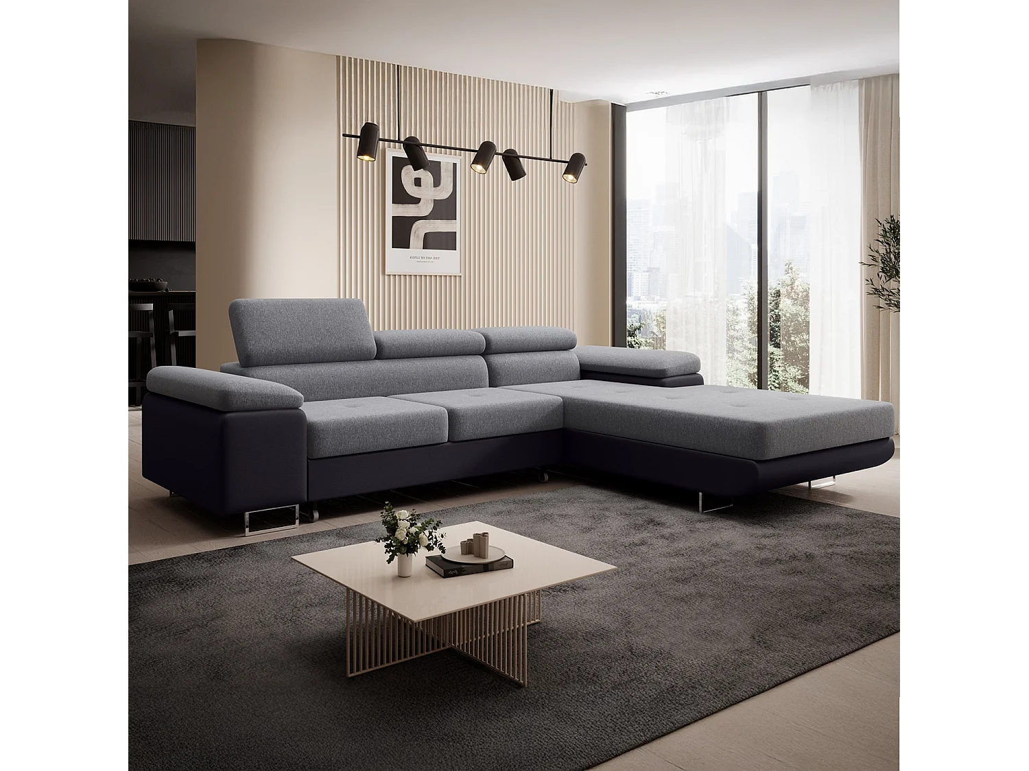 Canapé d'angle droit convertible Alphonso Gris et Noir