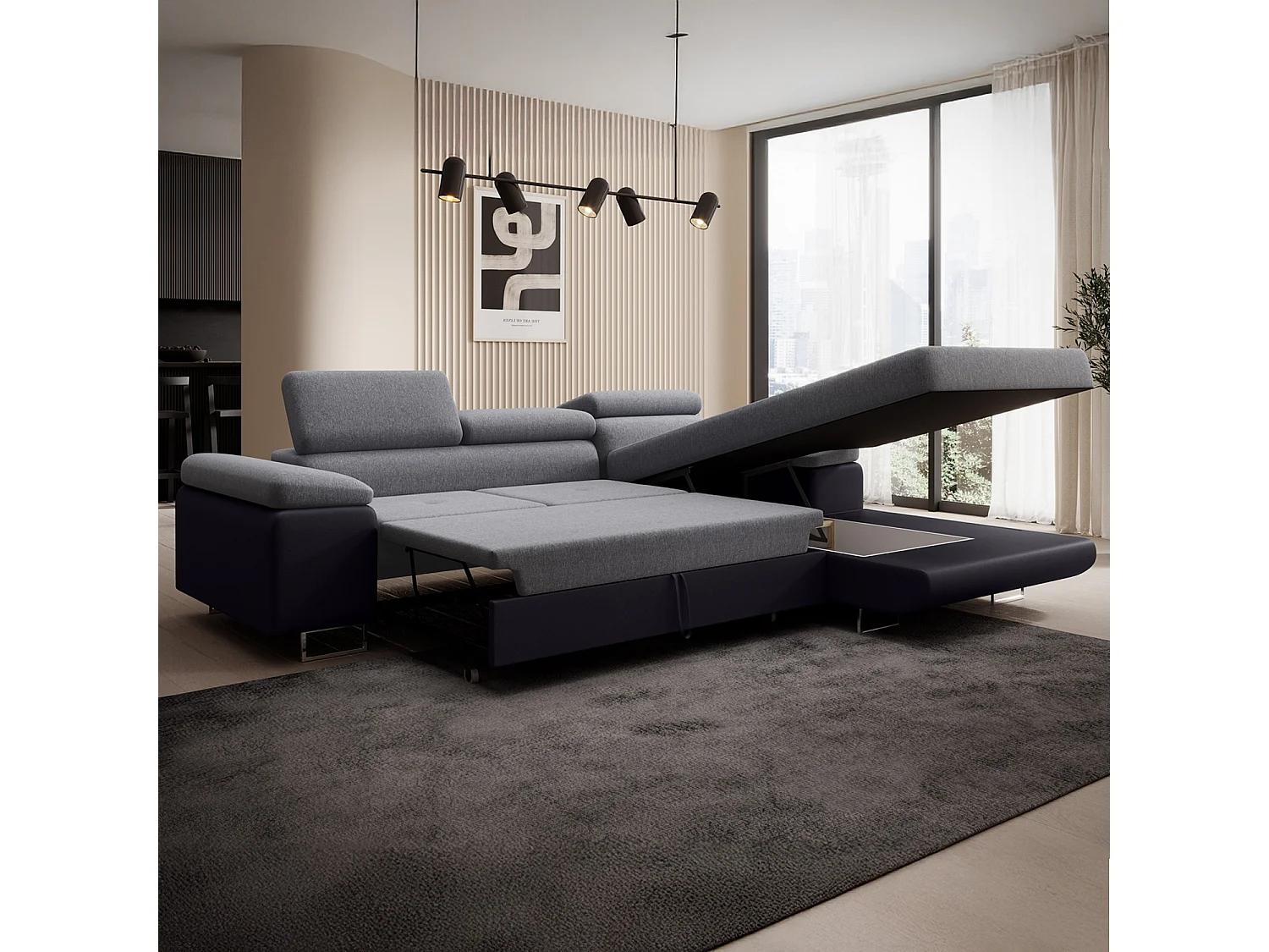 Canapé d'angle droit convertible Alphonso Gris et Noir