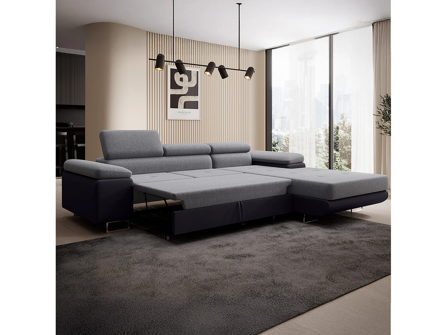 Canapé d'angle droit convertible Alphonso Gris et Noir