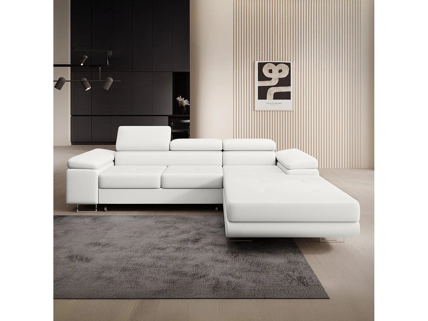 Canapé d'angle droit convertible 6 places en tissu blanc ALPHONSO