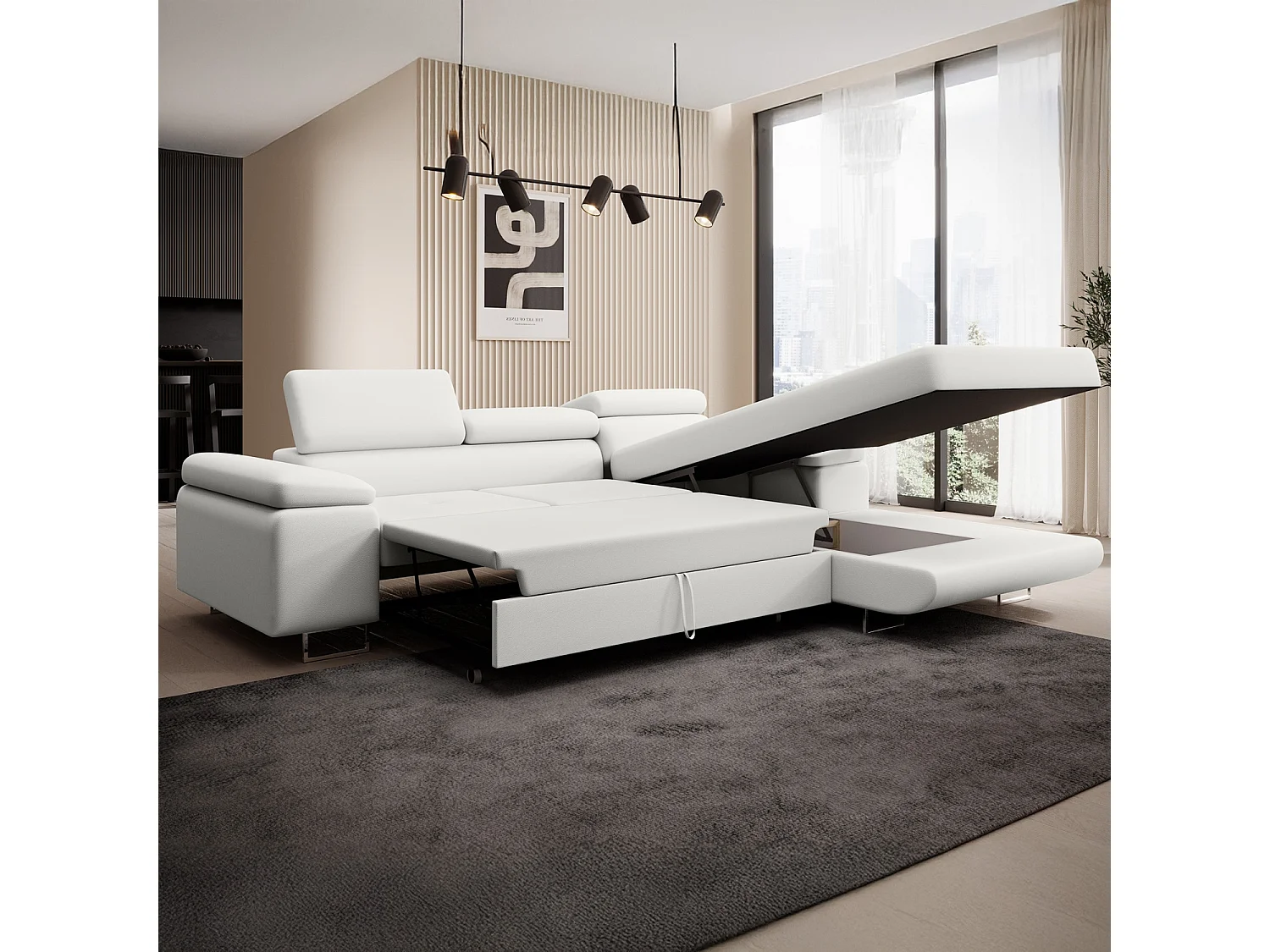 Canapé d'angle droit convertible 6 places en tissu blanc ALPHONSO