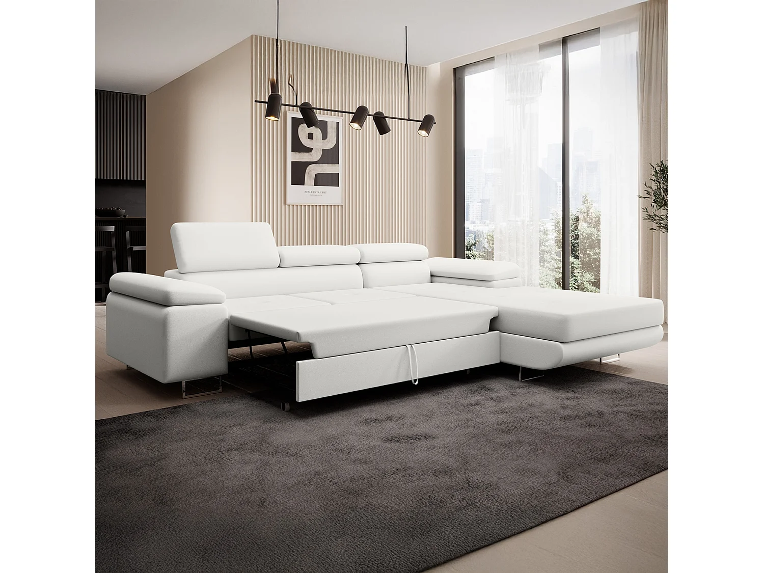 Canapé d'angle droit convertible 6 places en tissu blanc ALPHONSO