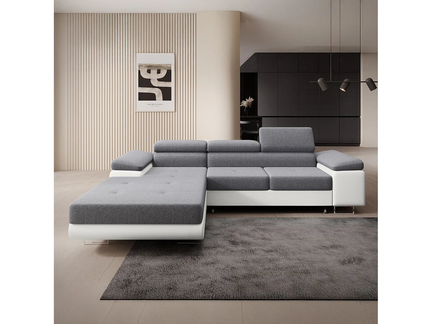 Canapé d'angle gauche convertible Alphonso Gris et Blanc
