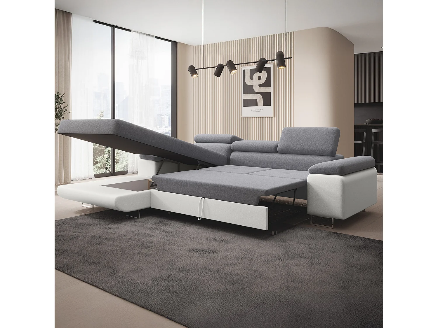 Canapé d'angle gauche convertible Alphonso Gris et Blanc
