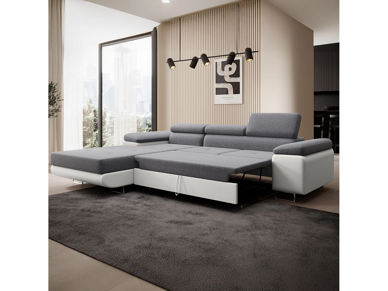 Canapé d'angle gauche convertible Alphonso Gris et Blanc