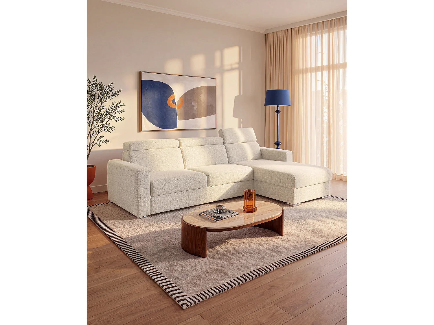 Canapé d'angle réversible convertible express en tissu chenille beige avec assise à mémoire de forme - Couchage à lattes larges 160 cm - Matelas 18 cm - VIZIR