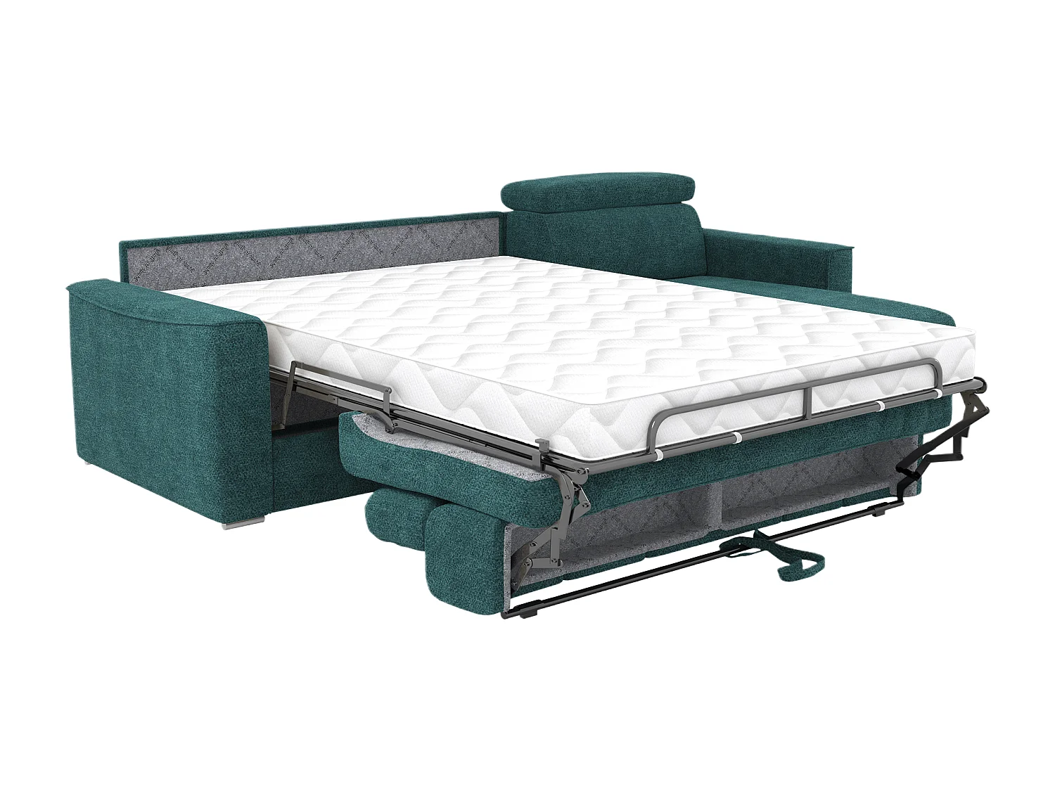 Canapé d'angle réversible convertible express en tissu chenille bleu canard avec assise à mémoire de forme - Couchage à lattes larges 160 cm - Matelas 18 cm - VIZIR