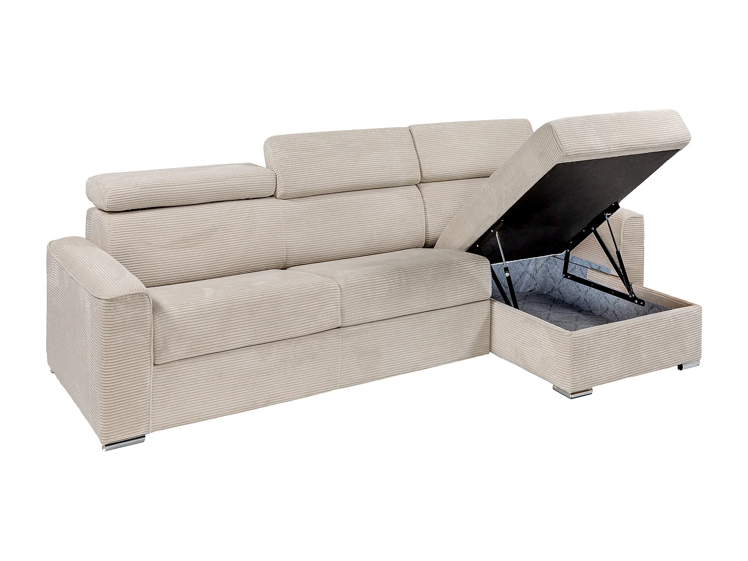 Canapé d'angle réversible convertible express en velours côtelé beige avec assise à mémoire de forme - Couchage à lattes larges 140 cm - Matelas 14 cm - VIZIR