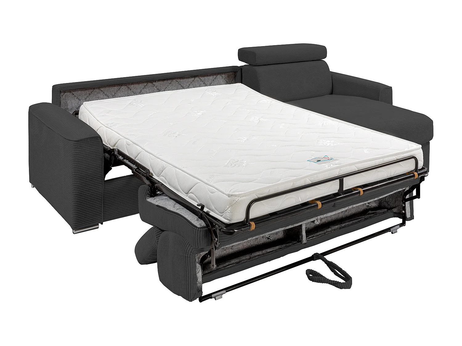 Canapé d'angle réversible convertible express en velours côtelé gris anthracite avec assise à mémoire de forme - Couchage à lattes larges 140 cm - Matelas 14 cm - VIZIR