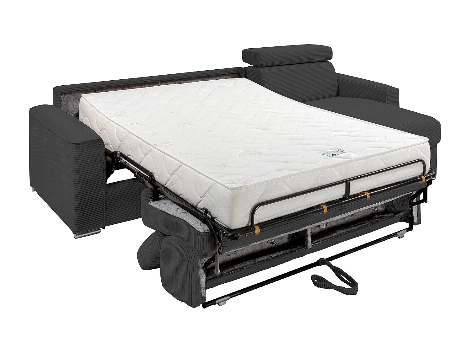 Canapé d'angle réversible convertible express en velours côtelé gris anthracite avec assise à mémoire de forme - Couchage 140 cm - Matelas 22 cm mémoire de forme - VIZIR