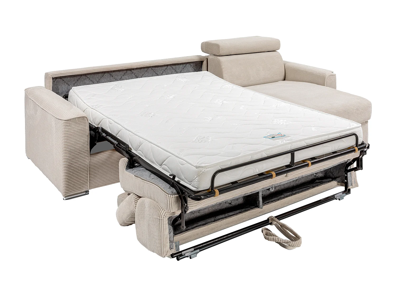 Canapé d'angle réversible convertible express en velours côtelé beige avec assise à mémoire de forme - Couchage à lattes larges 160 cm - Matelas 14 cm - VIZIR