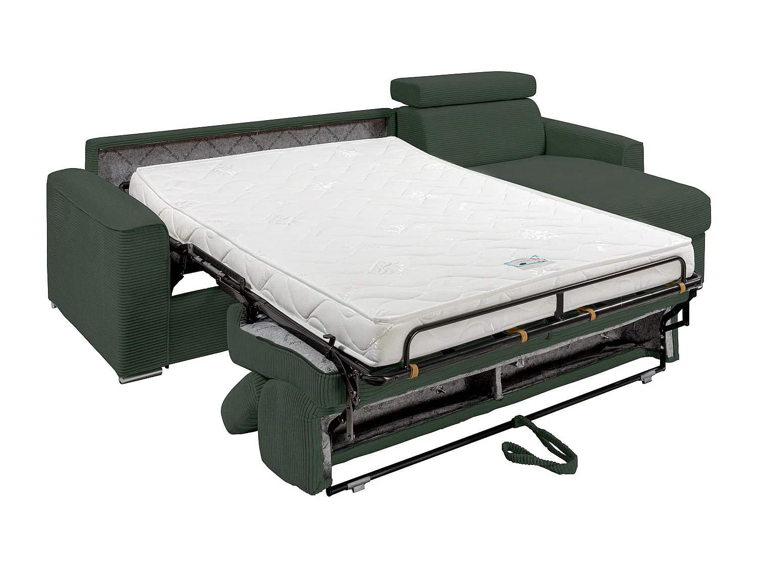 Canapé d'angle réversible convertible express en velours côtelé vert avec assise à mémoire de forme - Couchage à lattes larges 160 cm - Matelas 14 cm - VIZIR