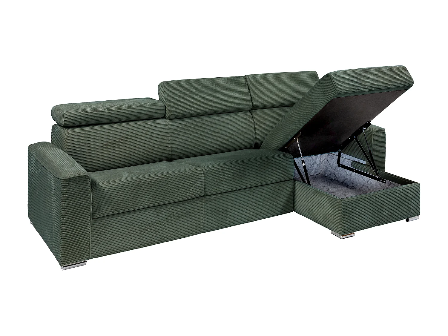 Canapé d'angle réversible convertible express en velours côtelé vert avec assise à mémoire de forme - Couchage à lattes larges 160 cm - Matelas 18 cm - VIZIR