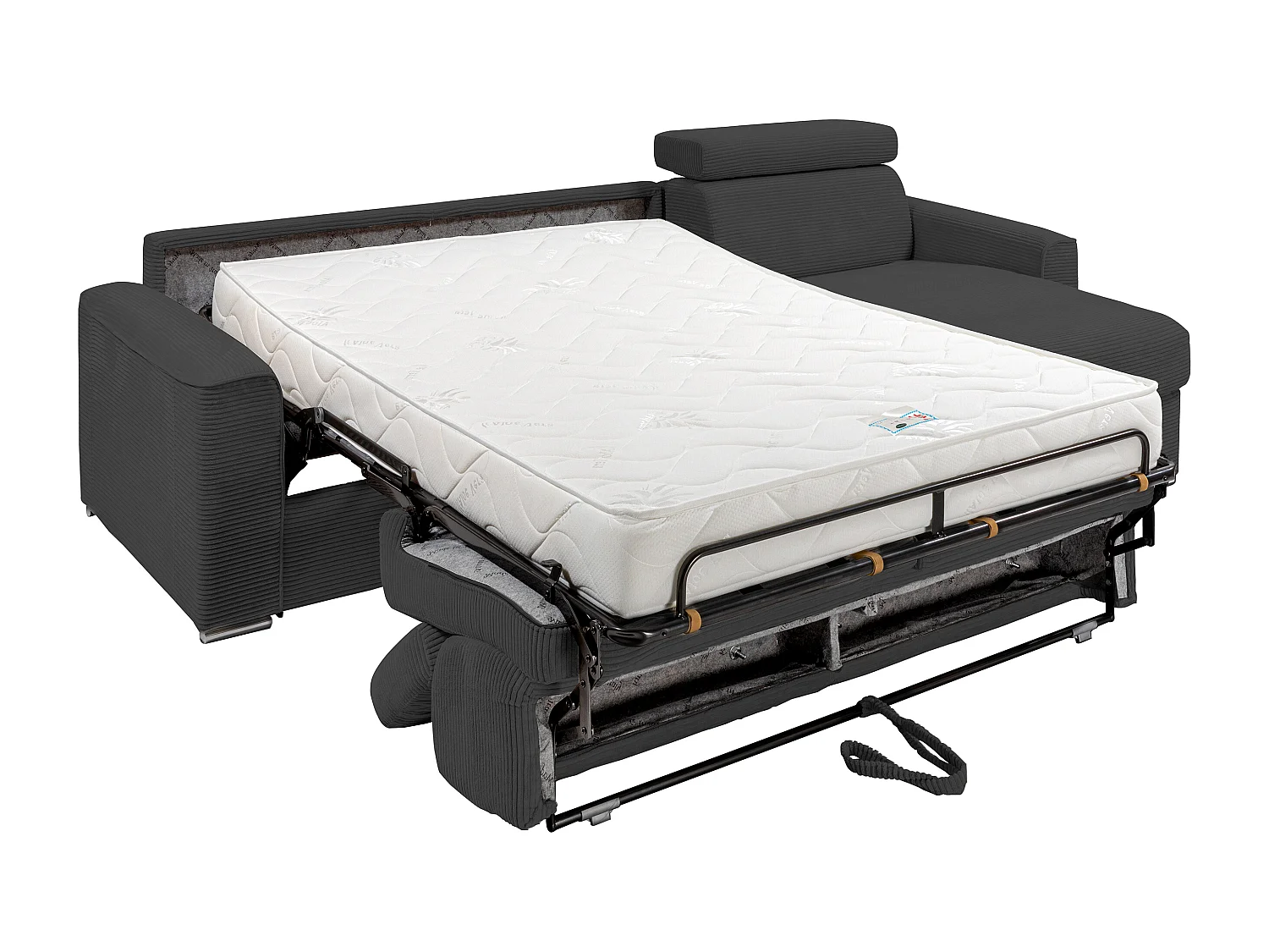 Canapé d'angle réversible convertible express en velours côtelé gris anthracite avec assise à mémoire de forme - Couchage 160 cm - Matelas 18 cm - VIZIR
