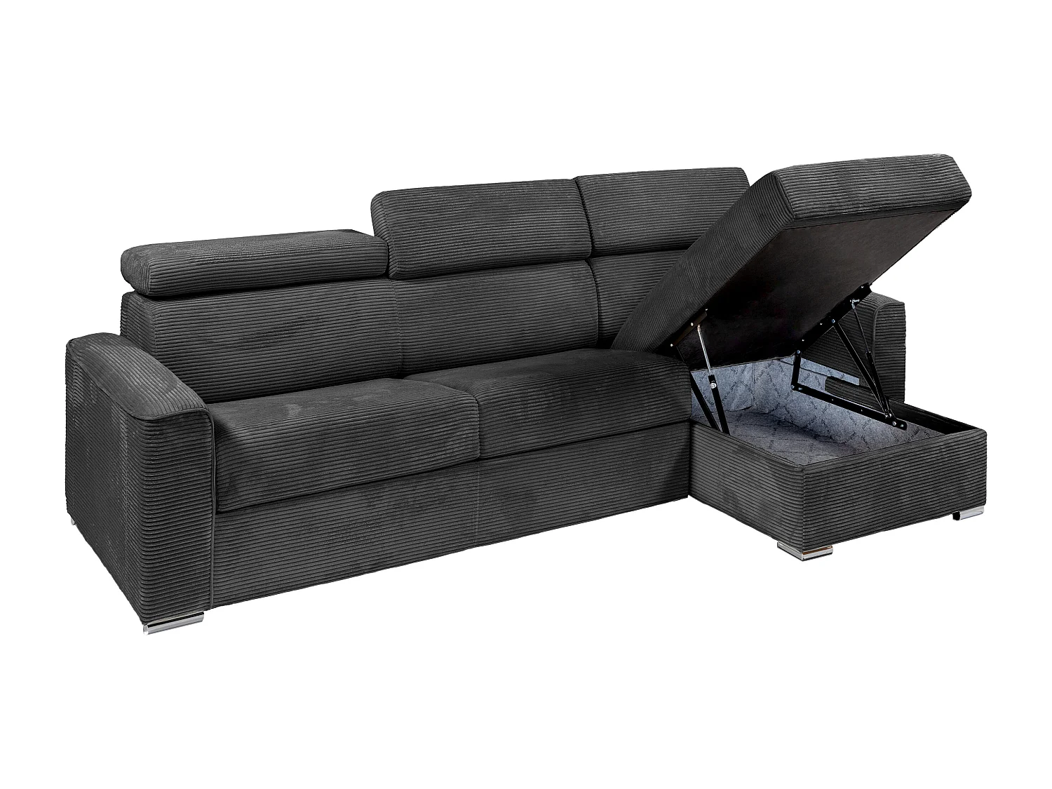 Canapé d'angle réversible convertible express en velours côtelé gris anthracite avec assise à mémoire de forme - Couchage à lattes larges 160 cm - Matelas 22 cm mémoire de forme - VIZIR