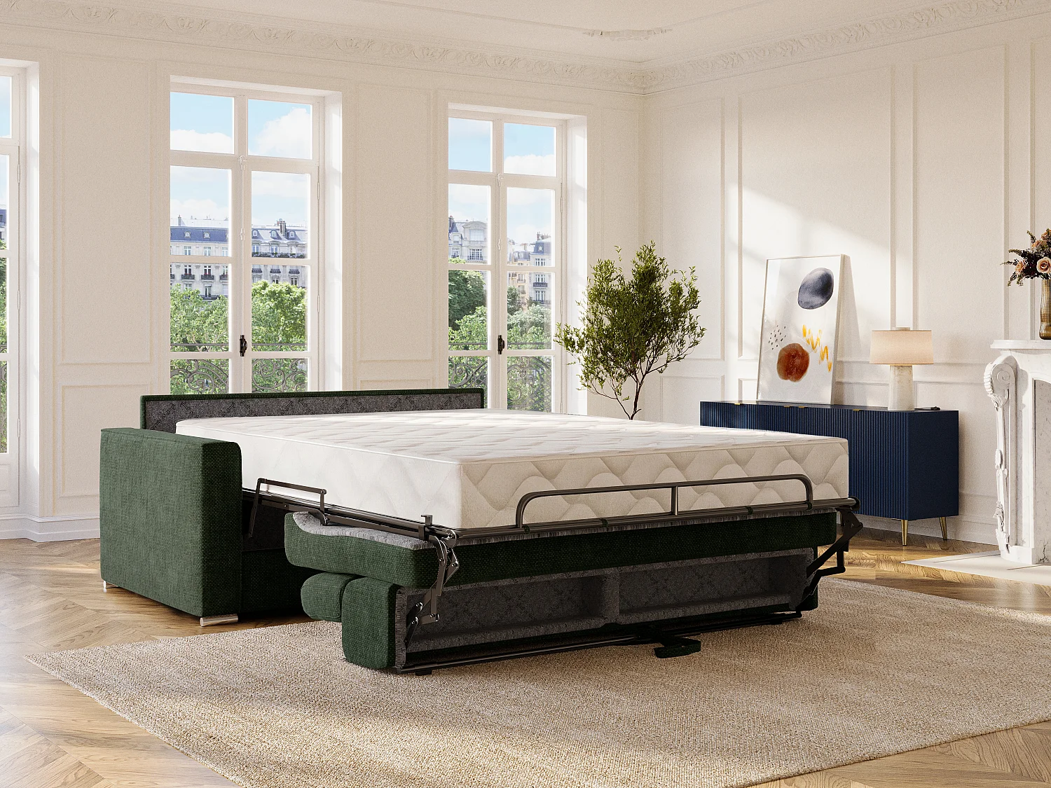 Canapé 3 places convertible express en tissu vert sapin avec assise mémoire de forme - Couchage 140 cm - Matelas 22 cm à mémoire de forme VIZIR