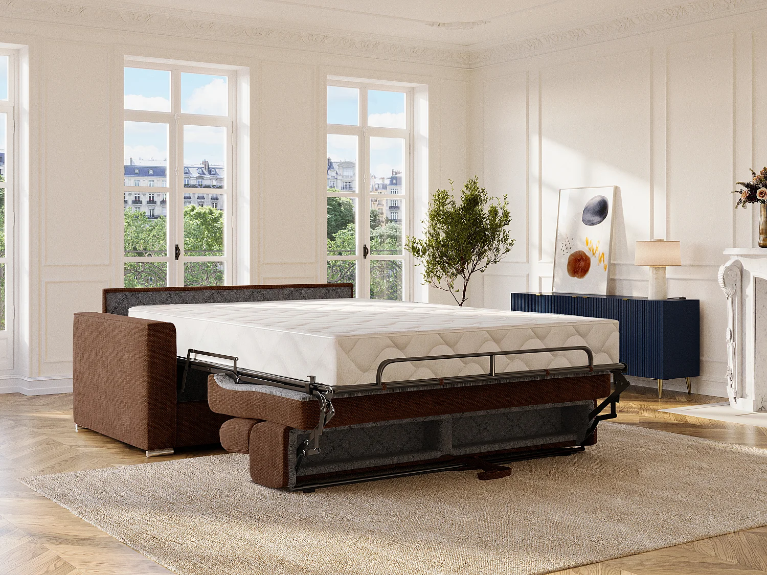 Canapé 3 places convertible express en tissu terracotta avec assise mémoire de forme - Couchage à lattes larges 140 cm - Matelas 22 cm à mémoire de forme VIZIR