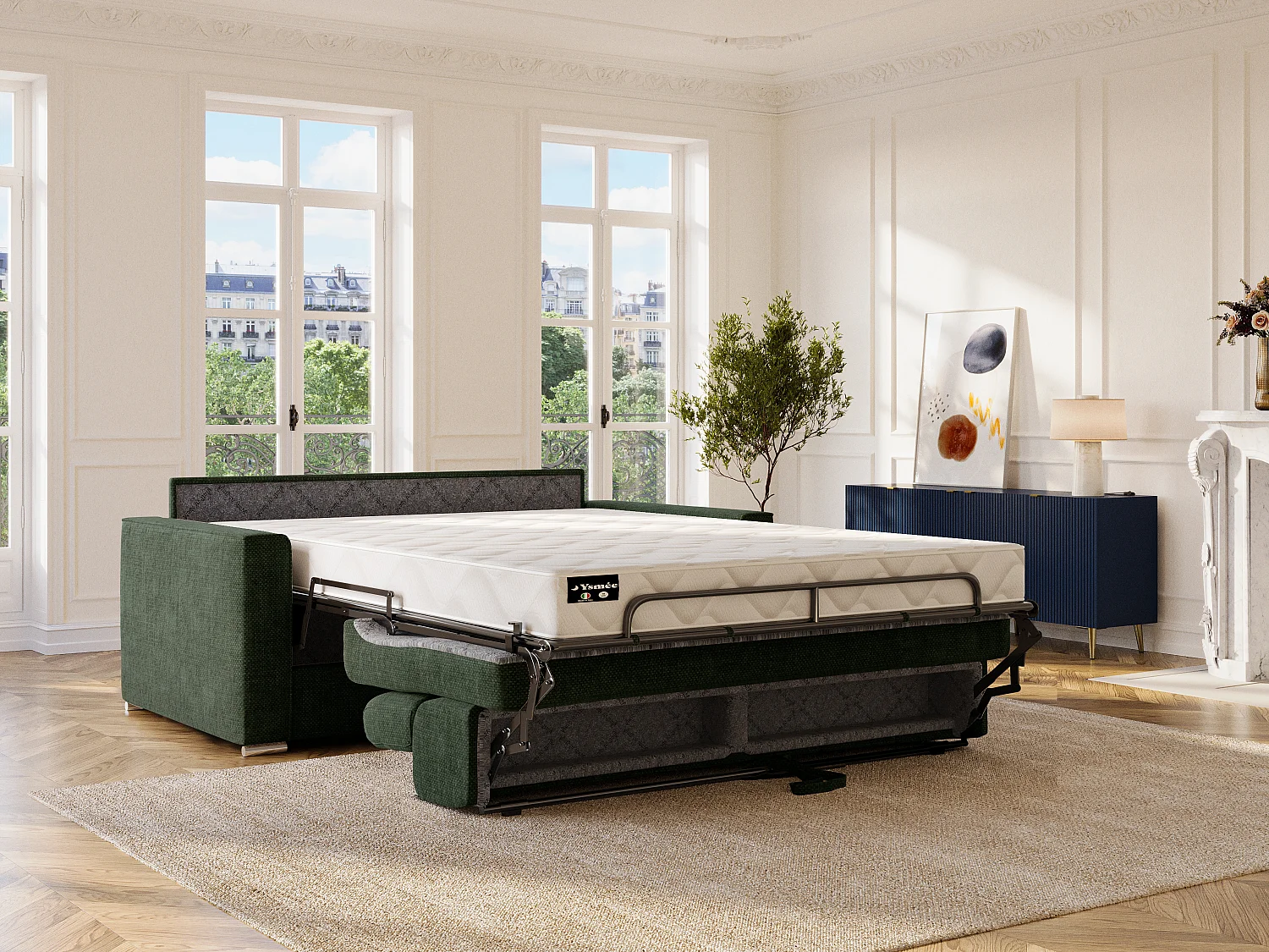 Canapé 4 places convertible express en tissu vert sapin avec assise mémoire de forme - Couchage à lattes larges 160 cm - Matelas 14 cm VIZIR