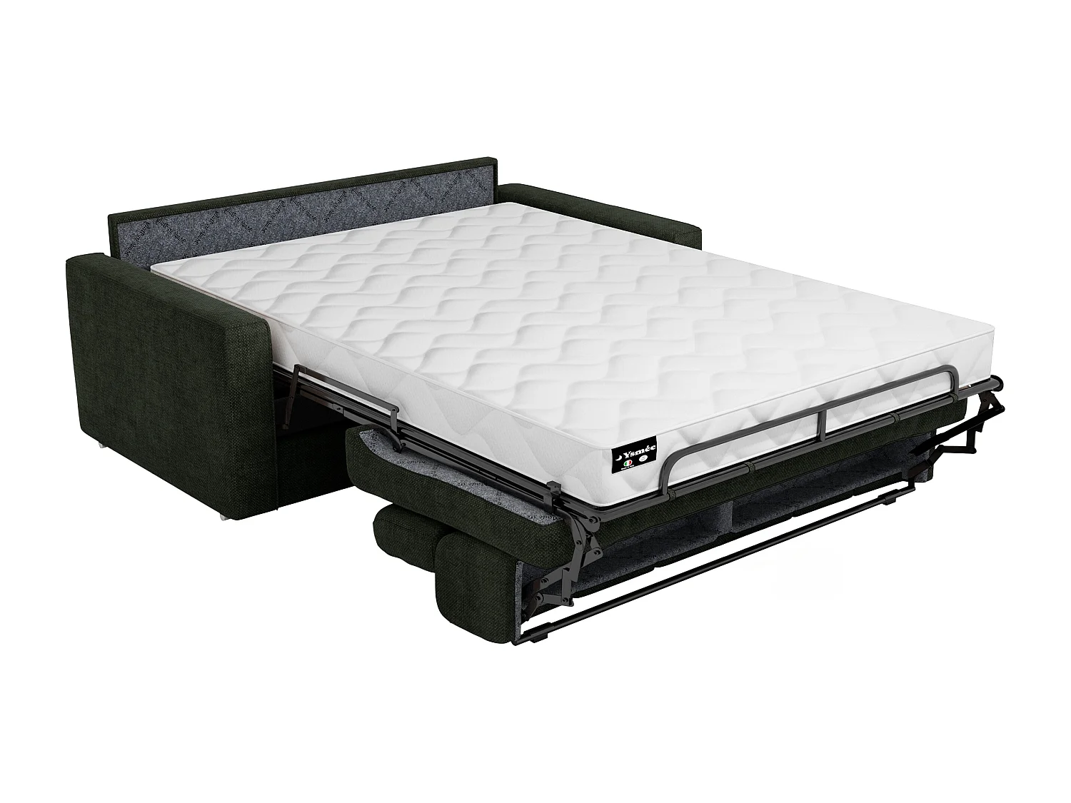 Canapé 4 places convertible express en tissu vert sapin avec assise mémoire de forme - Couchage à lattes larges 160 cm - Matelas 18 cm VIZIR