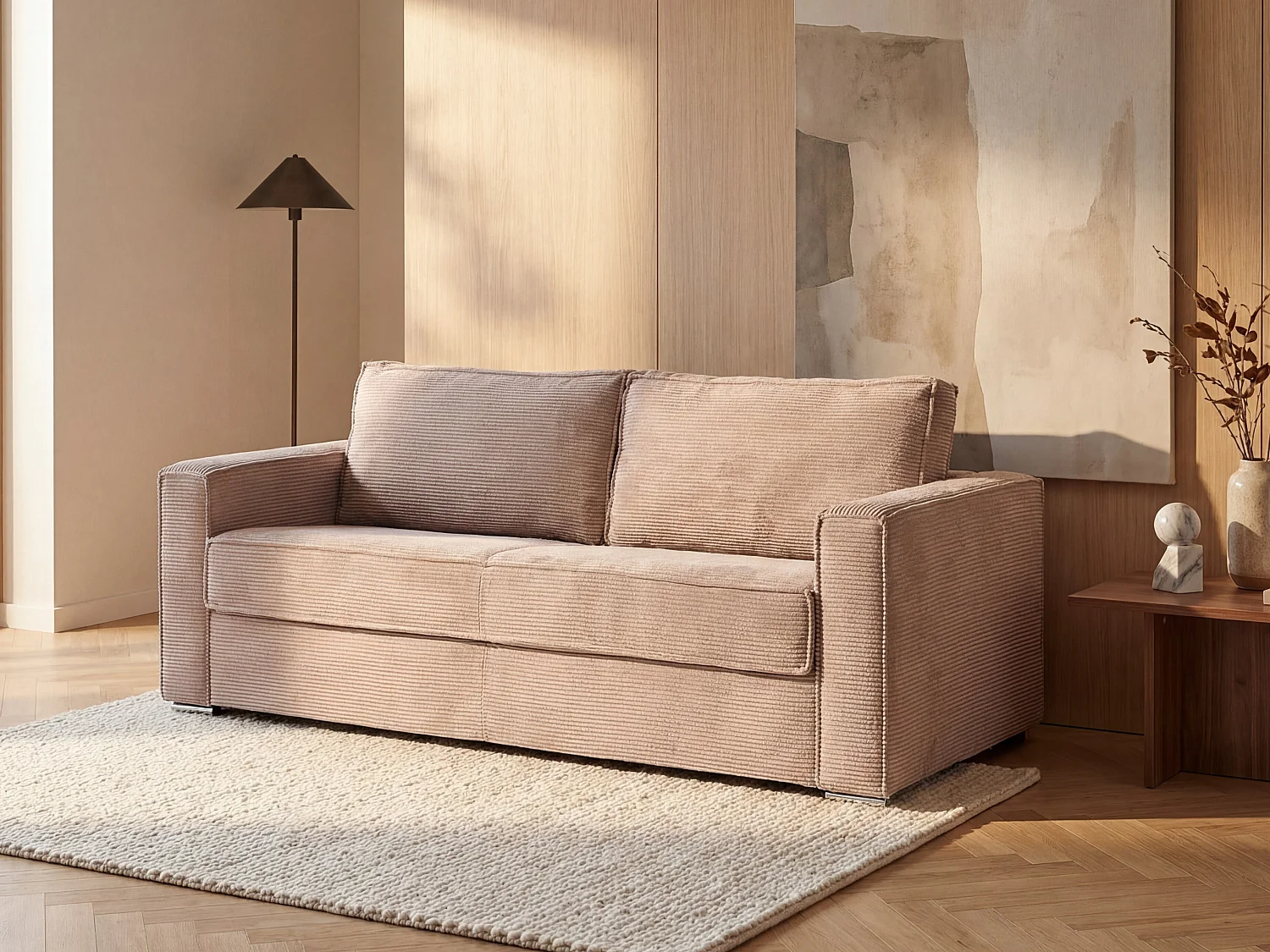 Canapé 3 places convertible express en velours côtelé taupe avec assise mémoire de forme - Couchage 140 cm - Matelas 14 cm LORETO