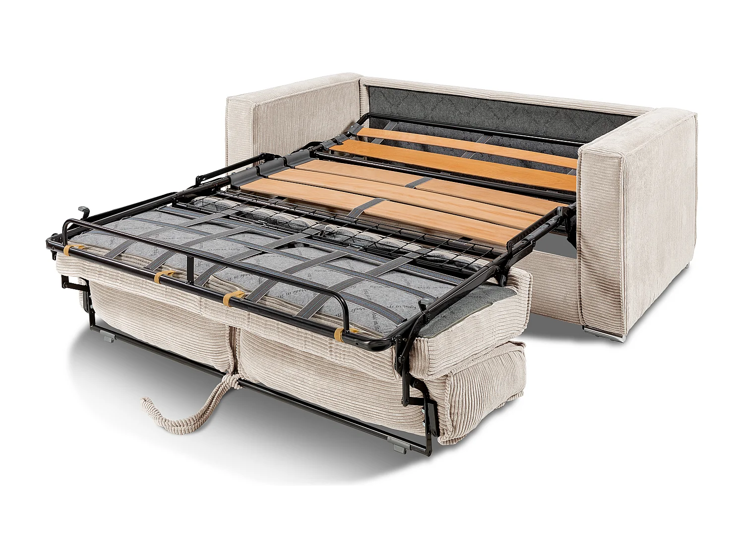 Canapé 4 places convertible express en velours côtelé grosses côtes beige avec assise mémoire de forme - Couchage à lattes larges 160 cm - Matelas 14 cm LORETO