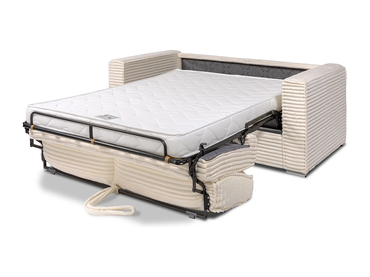Canapé 4 places convertible express en velours côtelé grosses côtes gris clair avec assise mémoire de forme - Couchage à lattes larges 160 cm - Matelas 14 cm LORETO