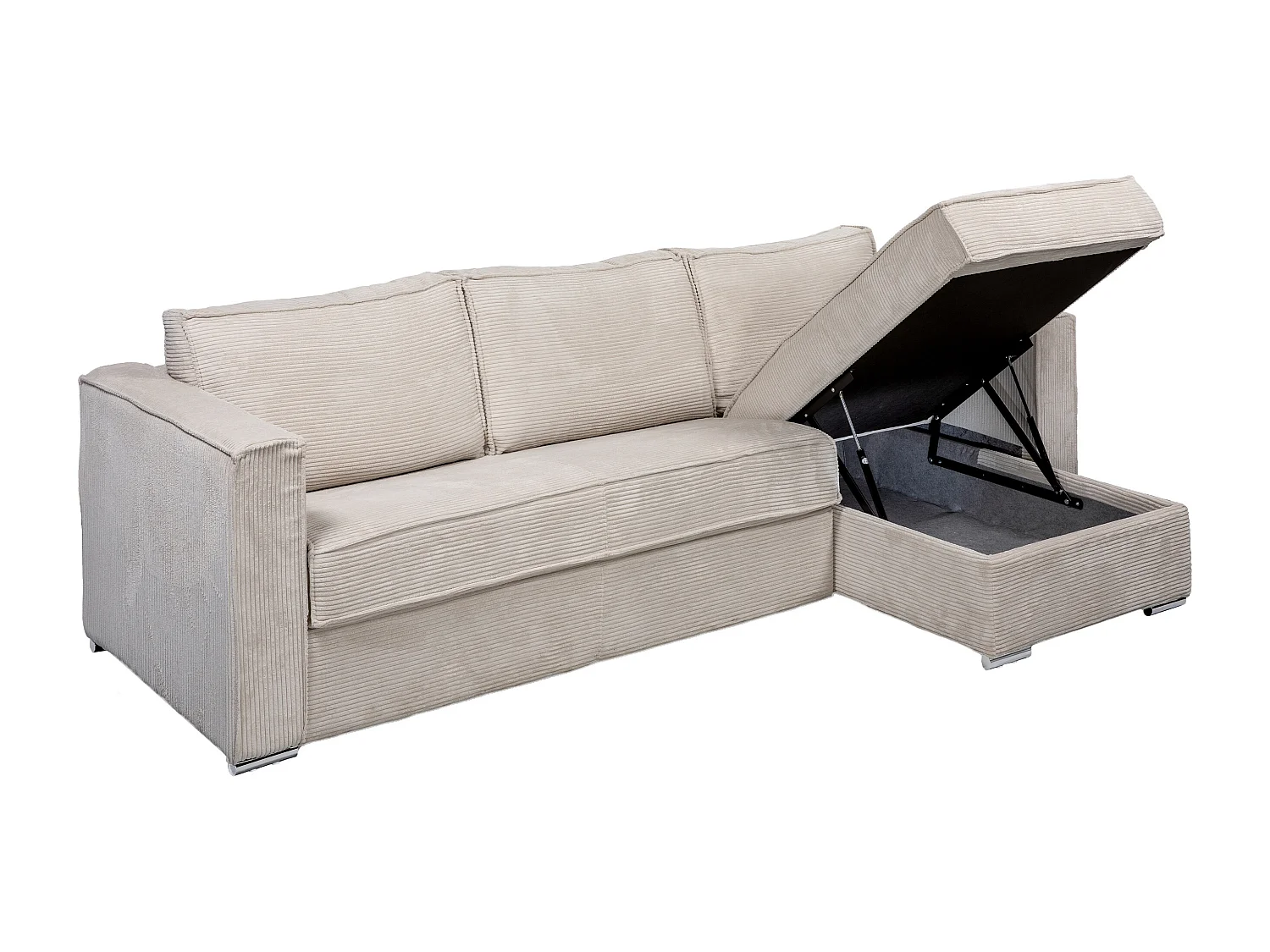 Canapé d'angle convertible express et réversible en velours côtelé beige avec assise à mémoire de forme - Couchage 140 cm - Matelas 14 cm LORETO