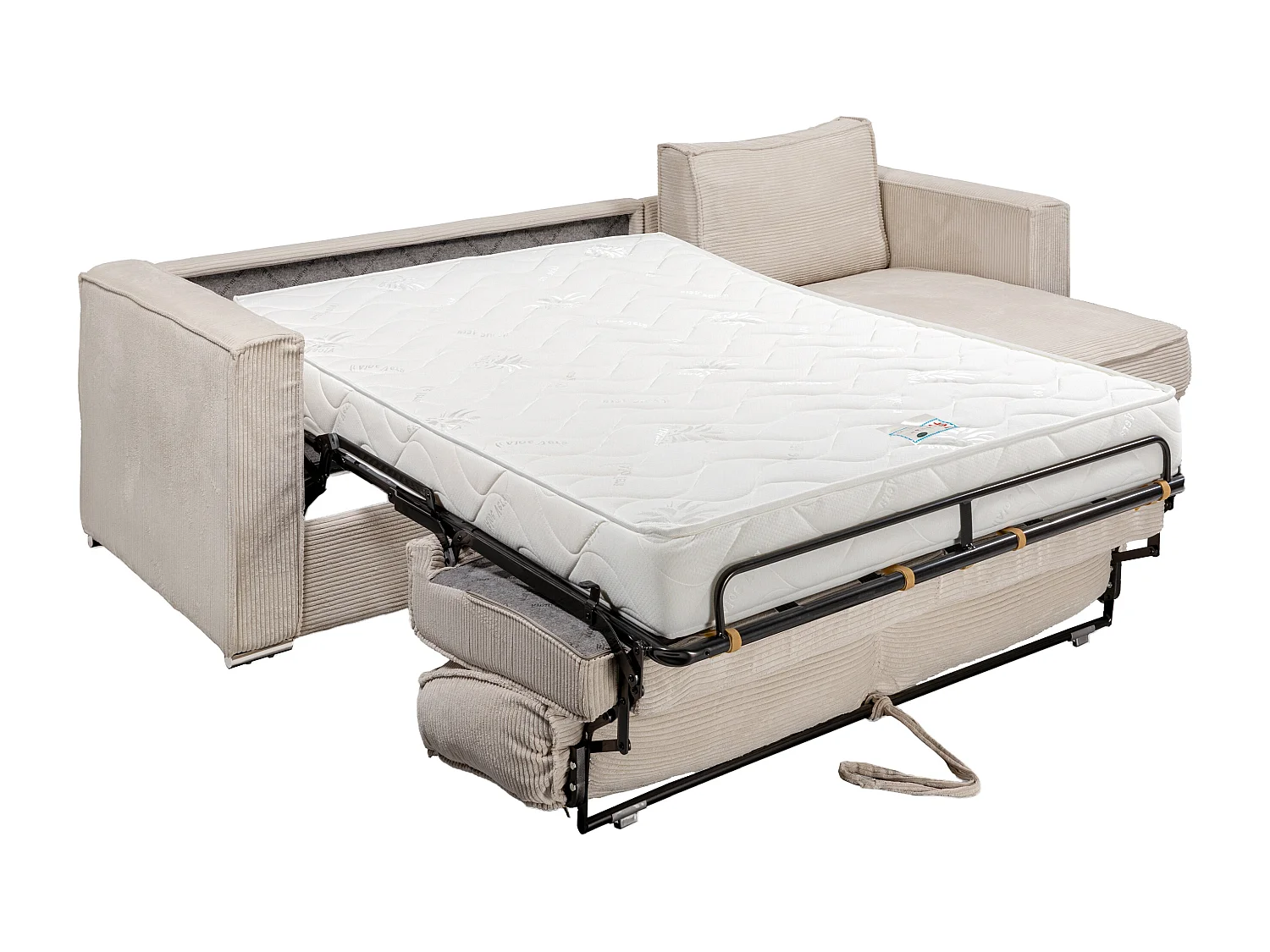 Canapé d'angle convertible express et réversible en velours côtelé beige avec assise à mémoire de forme - Couchage à lattes larges 140 cm - Matelas 18 cm LORETO