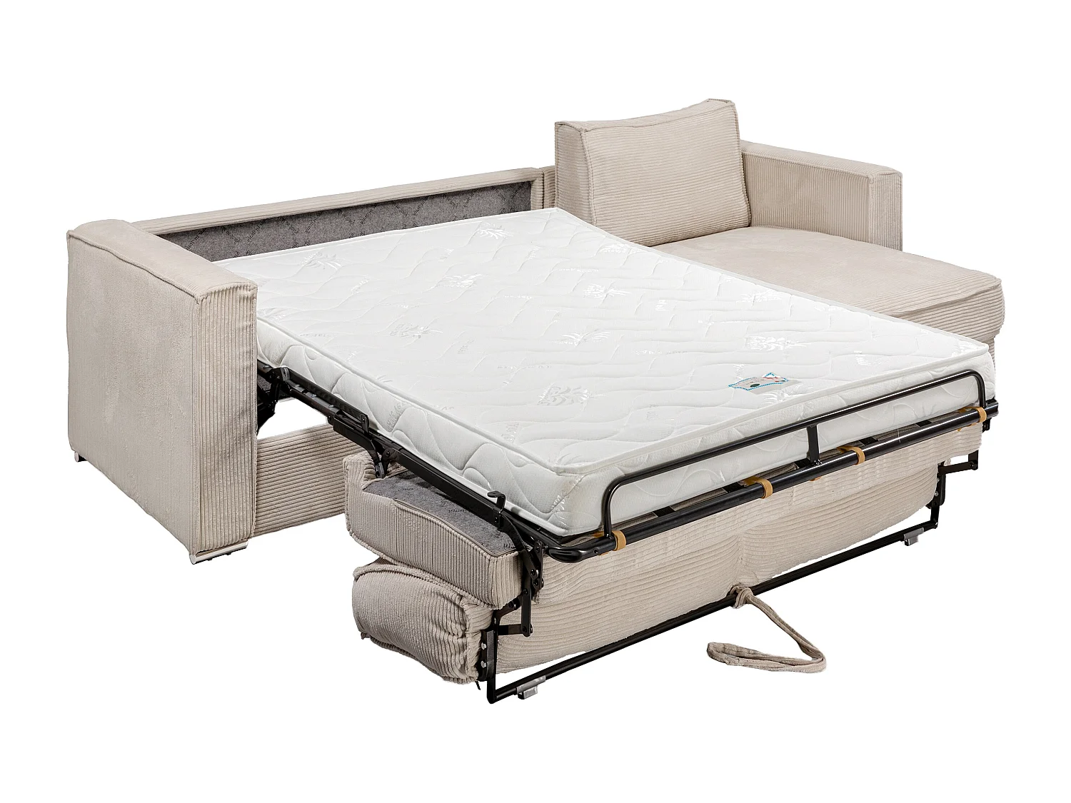 Canapé d'angle convertible express et réversible en velours côtelé beige avec assise à mémoire de forme - Couchage 160 cm - Matelas 14 cm LORETO